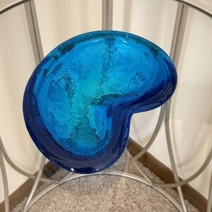 Blenko Style Blue Glass Freeform Ashtray Dish Bowl Heavy 1.25" x 7.5" x 5 1/2"